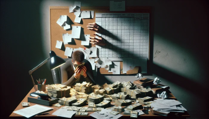 Person counting cash at desk with overdue bills, calendar showing next payday, shadow of high interest rates.