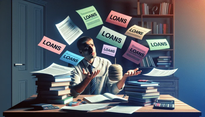 Person juggling multiple loan documents, looking worried at cluttered desk with financial advice books.
