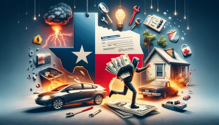 A Texan holding a payday loan document, with urgent scenarios like medical emergencies, car repairs, utility bills, and home maintenance in the background.