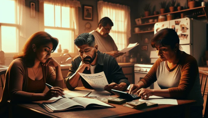Texas family at kitchen table, managing budget with payday loan documents and tools.
