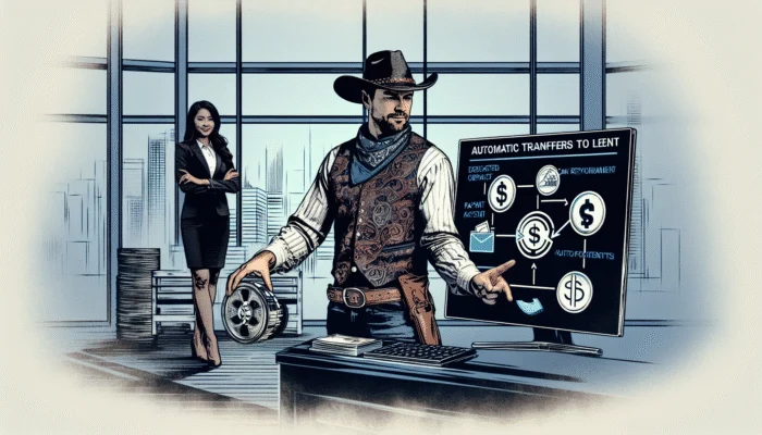 A Texan plans loan repayment with automatic transfers and discusses options with a lender in an office.