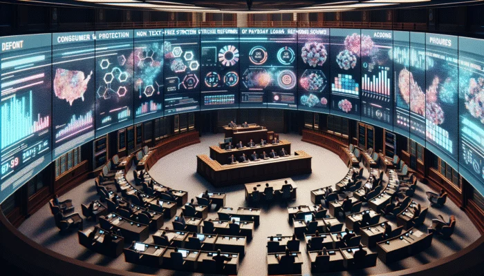 Futuristic Texas legislative chamber with lawmakers debating stricter payday loan reforms, surrounded by digital screens displaying consumer protection stats and financial literacy campaign visuals.