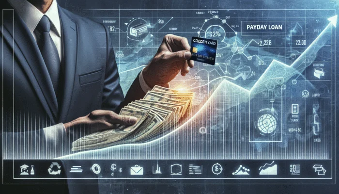 A person compares a credit card and a labeled stack of cash, with financial charts in the background.