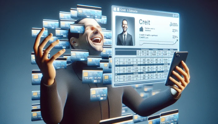 Person happily checking high credit score on device, surrounded by credit cards and calendar with payment dates.
