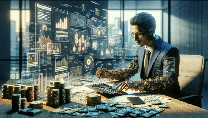 Person reviewing financial documents at a desk with money and calculator in a dimly lit office.