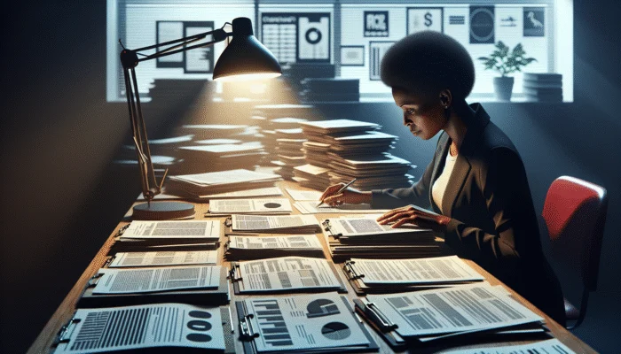 A person reviewing a checklist and state license documents under a desk lamp, symbolizing compliance.