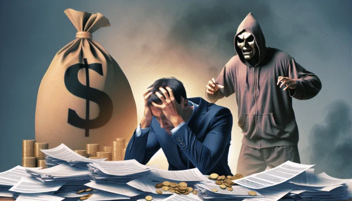 A distressed person overwhelmed by legal documents, high fees, and a menacing unlicensed lender, illustrating the stress of predatory lending.
