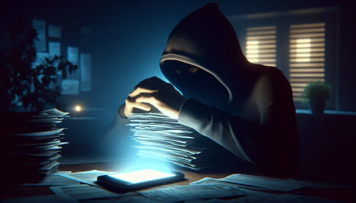 Person in a dimly lit room with overdue bills, using smartphone to apply for a payday loan.