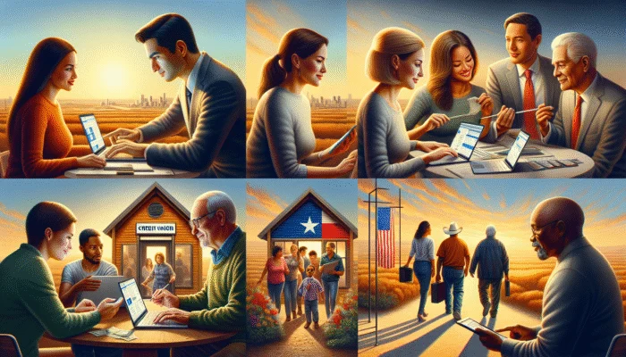 Diverse Texans exploring financial alternatives like installment loans and credit unions under the Texas sun.
