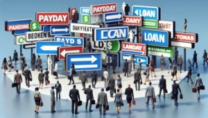 A crowd of businesspeople walks among signs displaying words like “Texas Payday Loan,” “banking,” and “payday,” with arrows pointing in various directions, symbolizing financial choices, confusion, and unfolding trends as we look ahead to predictions for 2025.