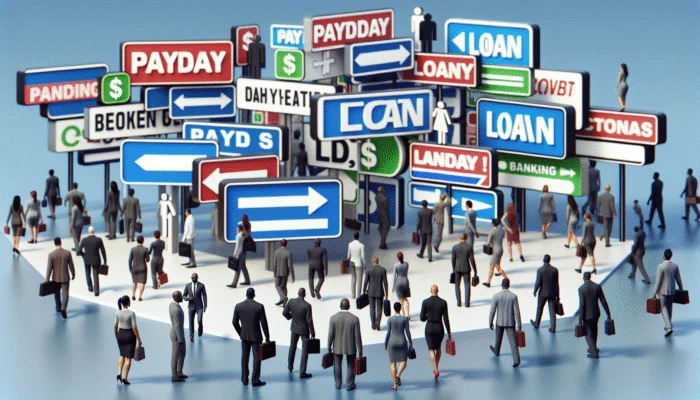 A crowd of businesspeople walks among signs displaying words like “Texas Payday Loan,” “banking,” and “payday,” with arrows pointing in various directions, symbolizing financial choices, confusion, and unfolding trends as we look ahead to predictions for 2025.
