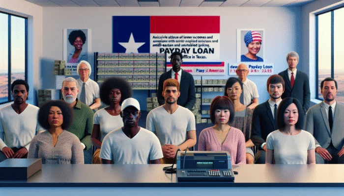 A diverse group of young adults in a Texas payday loan office, facing economic challenges.