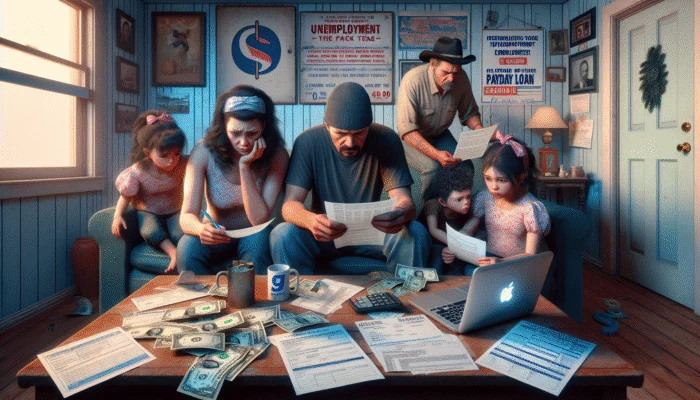 A Texan family in a modest living room, surrounded by bills, using a laptop to apply for a payday loan during an economic downturn.