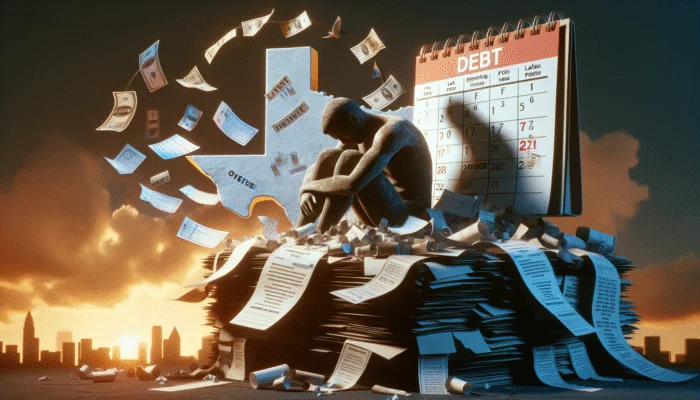 A person sits hunched over on a pile of paperwork, surrounded by flying bills and late fee notices. Behind them, a Texas-shaped cutout labeled “debt” looms next to a calendar marked with overdue dates. The city skyline glows at sunset.