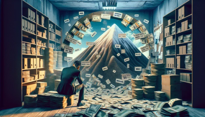 A distressed person amidst rising stacks of money and bills in a cluttered, dim room, symbolizing debt cycle from payday loan late fees.