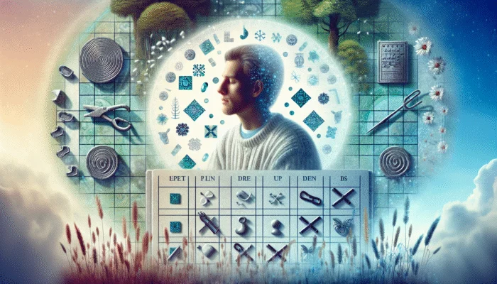 A person feeling relieved amidst symbols of eased financial stress, like broken chains and a calendar with deferred dates.