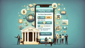 Illustration of a large smartphone displaying a Payday Loan App interface, surrounded by finance icons, a bank building, and small figures of people, highlighting online financial services and Texans' finances management.