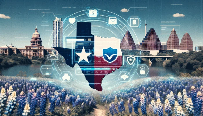 Secure payday loan app interface with Texas symbols and shield, Austin skyline background.