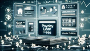 A digital illustration shows payday loan concepts, including floating dollar signs, a stack of cash, and screens with text such as “Payday Loan Fees,” fee prediction tools, loan terms, interest rates, and financial symbols.