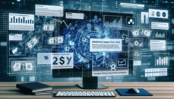 A modern computer interface with graphs and analytics for predicting payday loan fees, surrounded by financial symbols and currency.