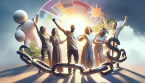 A group of six people stand together smiling with raised arms, broken chains at their feet, and sunlight shining behind them. Dollar and pie chart symbols in the background highlight financial freedom after successful payday loan recovery in Texas.