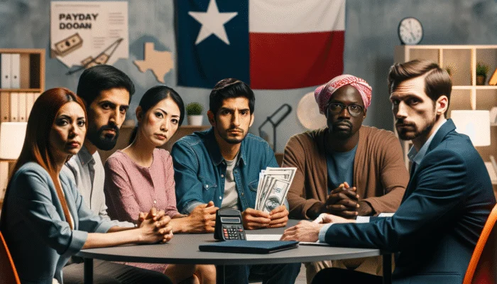 A diverse group in Texas discussing payday loan recovery plans with a financial counselor.