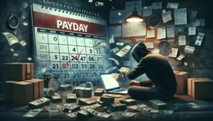 A person in a hoodie sits on the floor with a laptop, surrounded by scattered cash and documents—a chaotic scene for newbies learning about payday loan terms. Behind them, a large calendar marked "PAYDAY" looms in the dim light.
