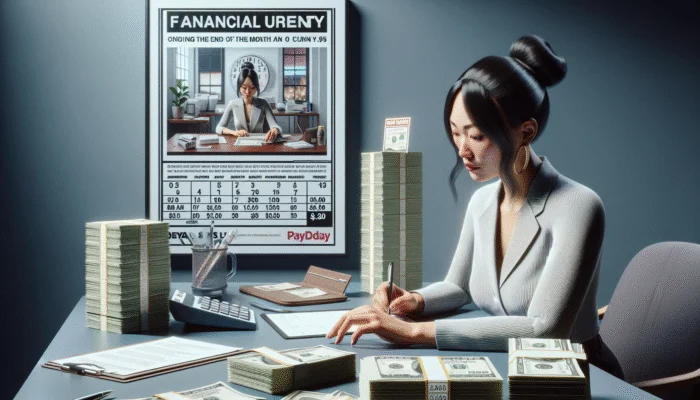 Person calculating finances at desk, surrounded by bills and Payday Loan ad, indicating financial urgency.