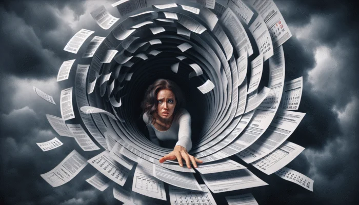 A person surrounded by payday loan documents and calendars, trapped in a debt spiral with looming fees and interest rates.