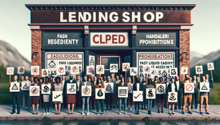 A group of people stands in front of a building labeled "Lending Shop" holding signs with various symbols, highlighting concerns about payday loans. The shop's signage contains misspelled words and warnings, and mountains are visible in the background.