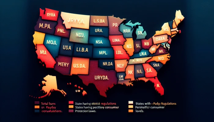 Map of U.S. showing payday loan bans in dark red, strict regulations in orange, permissive laws in yellow.