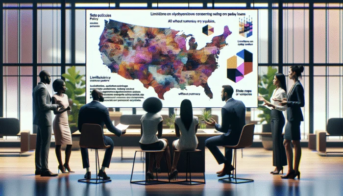 A group reviewing documents and discussing payday loan regulations in an office, with state maps and data on a screen.