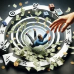 A man falls into a vortex made of arrows, percent signs, and dollar bills while a large hand reaches toward him. Coins, a calculator, a padlock, and symbols for car and house swirl around, hinting at the challenges to financial freedom.