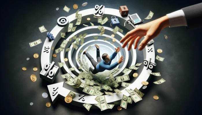 A man falls into a vortex made of arrows, percent signs, and dollar bills while a large hand reaches toward him. Coins, a calculator, a padlock, and symbols for car and house swirl around, hinting at the challenges to financial freedom.