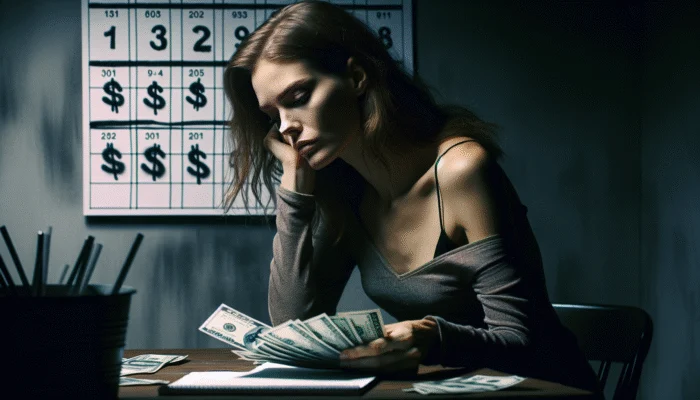 Person counting cash from payday loan in dimly lit room, calendar showing due dates in background.