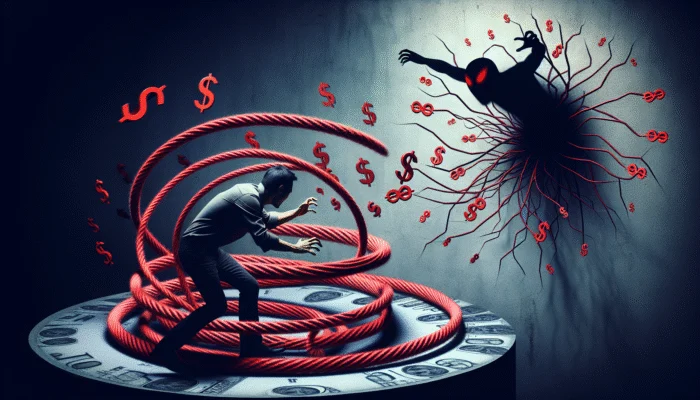 A person entangled in a web of red and black, symbolizing debt and high-interest rates from payday loans, with a shadow of financial despair overhead.