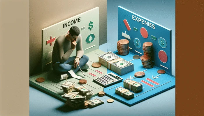 A person organizing a budget with bills, calculator, and a chart showing income and expenses.