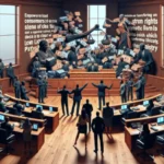 A courtroom scene with people in business attire; piles of currency notes and documents are thrown in the air near the judge’s bench, referencing Texas Payday Loan Lawsuits, while text is projected on the back wall. People are seated and standing throughout the room.