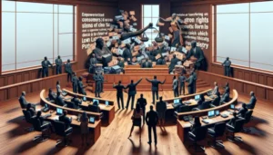 A courtroom scene with people in business attire; piles of currency notes and documents are thrown in the air near the judge’s bench, referencing Texas Payday Loan Lawsuits, while text is projected on the back wall. People are seated and standing throughout the room.