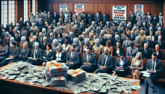 Anxious consumers in a courtroom surrounded by legal documents and payday loan ads, depicting lawsuit impact.