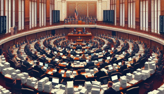 Texas lawmakers in session, using payday loan lawsuit documents to draft bills with interest rate caps and loan limits for consumer protection.