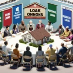 A diverse group sits around a round table with a model house in the center; banners behind them read “Auto Loans,” “Home Loans,” “Texas loan alternatives,” “Personal Loans,” and “Local Banks.”.