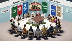 A diverse group sits around a round table with a model house in the center; banners behind them read “Auto Loans,” “Home Loans,” “Texas loan alternatives,” “Personal Loans,” and “Local Banks.”.