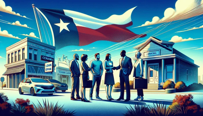Diverse group in Texas discussing loans with advisors near banks and community centers, flag waving.