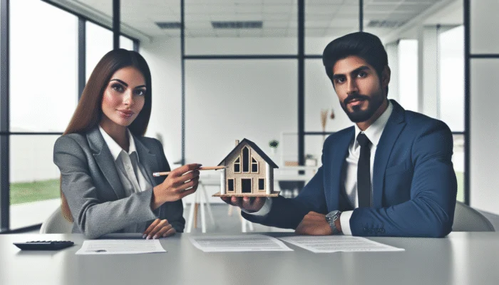 A person negotiating loan terms in a Texas bank, using credit reports and offers assertively.
