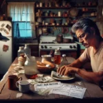 A man sits at a cluttered kitchen table in rural Texas, counting cash amid bills, food, and past-due notices—a scene reflecting payday loan trends. The old kitchen is filled with dishes, a refrigerator, and shelves of jars and plates.