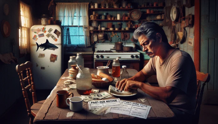 A man sits at a cluttered kitchen table in rural Texas, counting cash amid bills, food, and past-due notices—a scene reflecting payday loan trends. The old kitchen is filled with dishes, a refrigerator, and shelves of jars and plates.