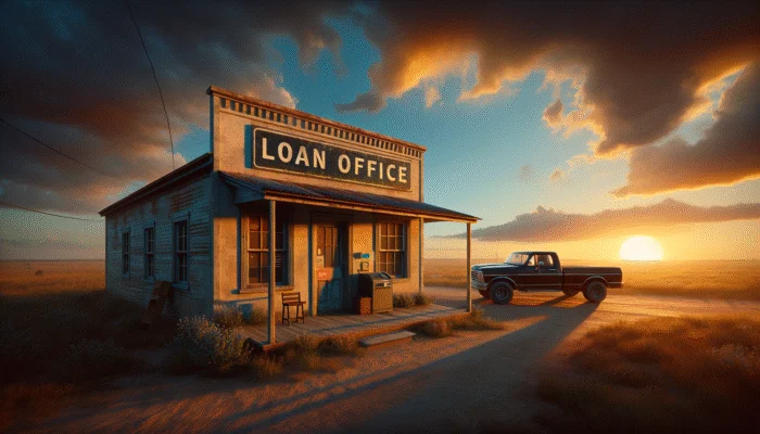 Rural Texas sunset scene with a small loan office offering payday loans, a pickup truck parked outside.