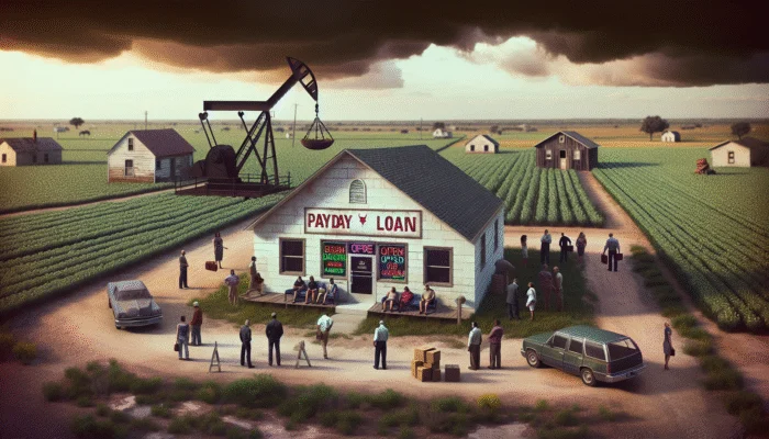 A rural Texas payday loan office with fields and homes, sign showing 20% interest on $1,000, confused people.