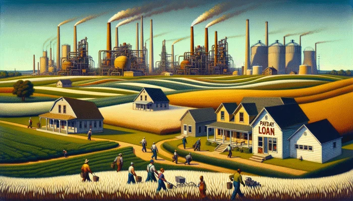 Rural Texas landscape with agriculture, energy, and small factories; workers seeking payday loans due to financial fluctuations.